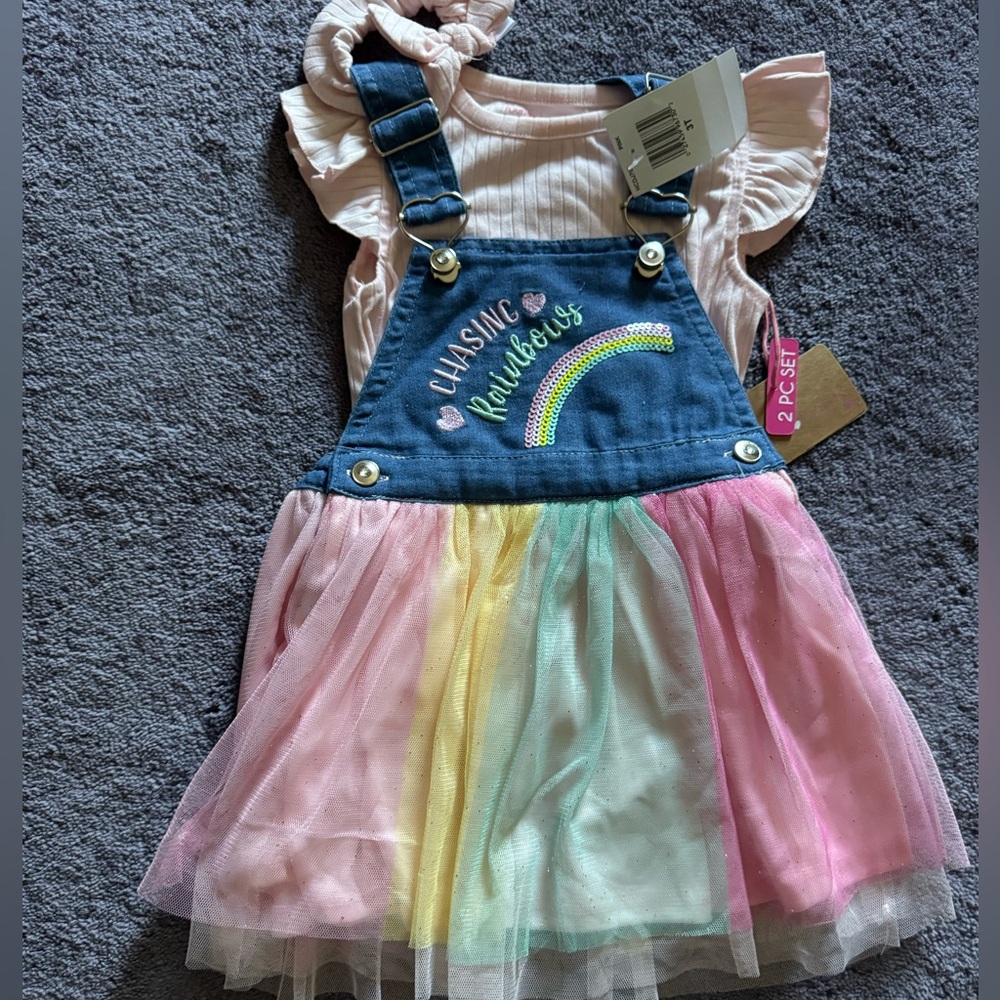 Toddler Girls “Chasing Rainbows” Overall Tulle Shirt Short sleeve Top & Hair Bow